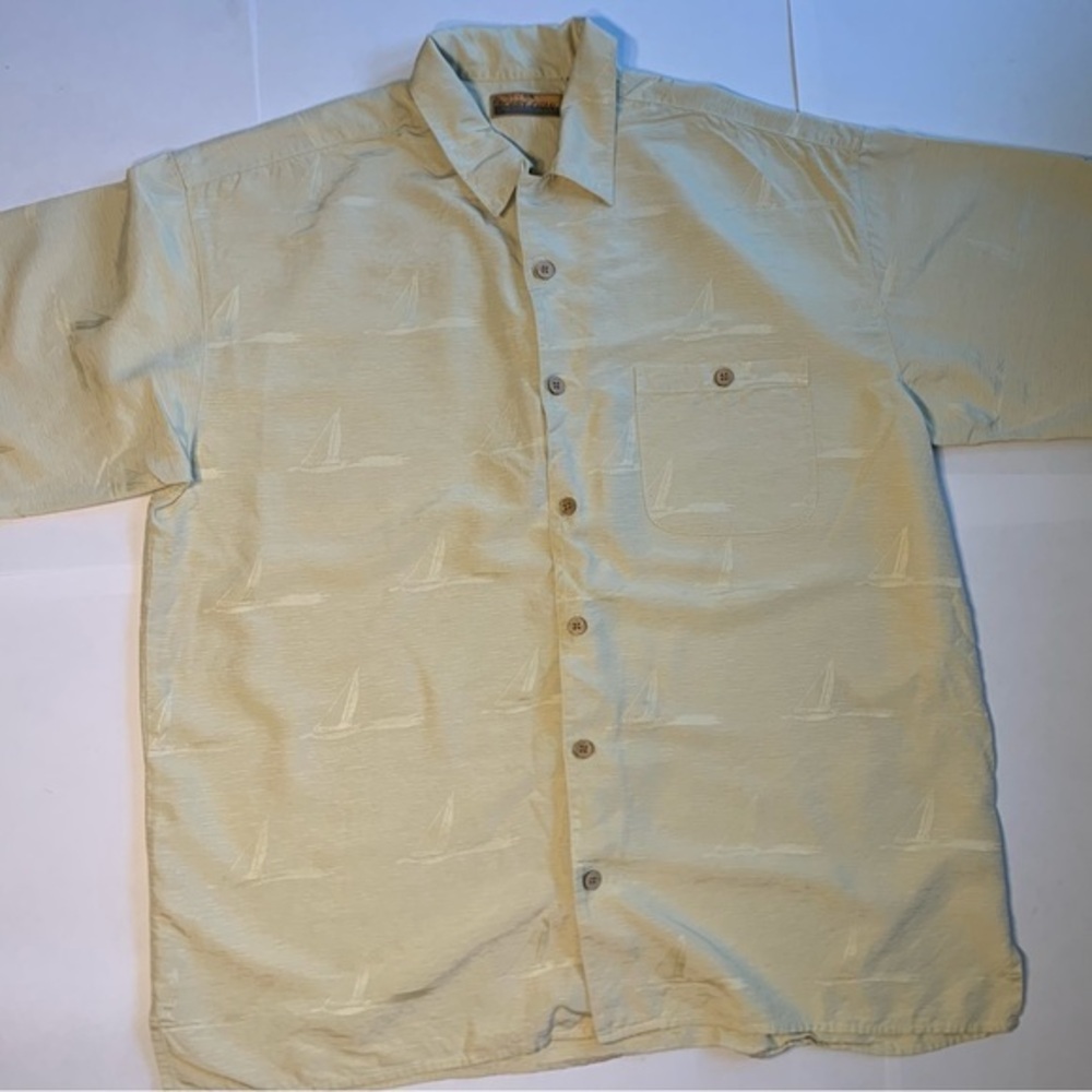 Bobby Chan 100% Silk Sail Boat Polo Summer Vacation Hawaiian Shirt XL Off Yellow - Picture 9 of 12